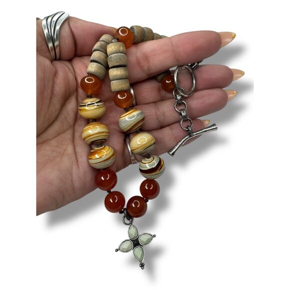 Lucky Brand Beaded Necklace Wood Carnelian Glass 16" Toggle Clasp - Picture 6 of 6